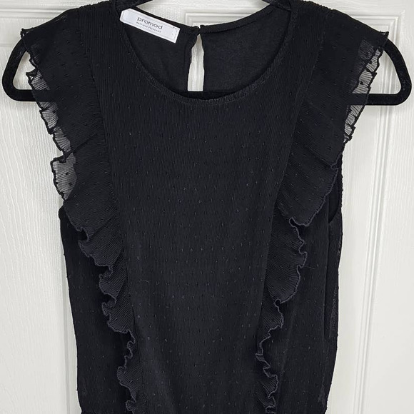 Promod Sz 6 Women's Black Ruffle Detail Elastic Waistband Dress Polka Dot French - Picture 2 of 5